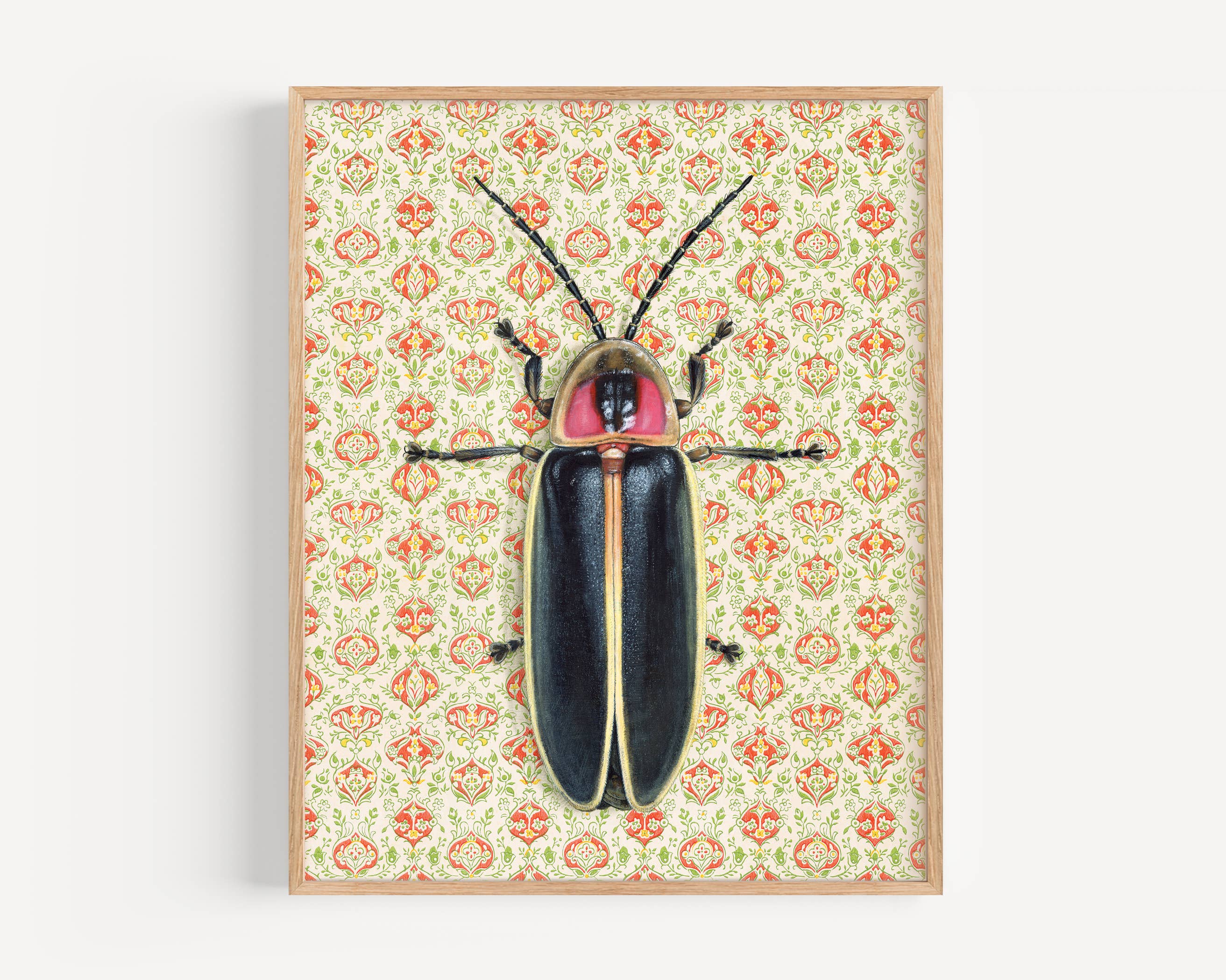 Goliath Beetle fine art print by Emily Uchytil featuring an intricate insect illustration against a vintage floral wallpaper background.