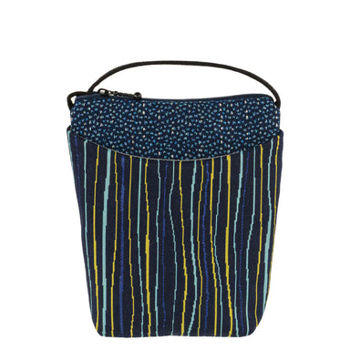 Stylish Busy Bee crossbody bag in dark blue with colorful vertical stripes, made by Maruca.