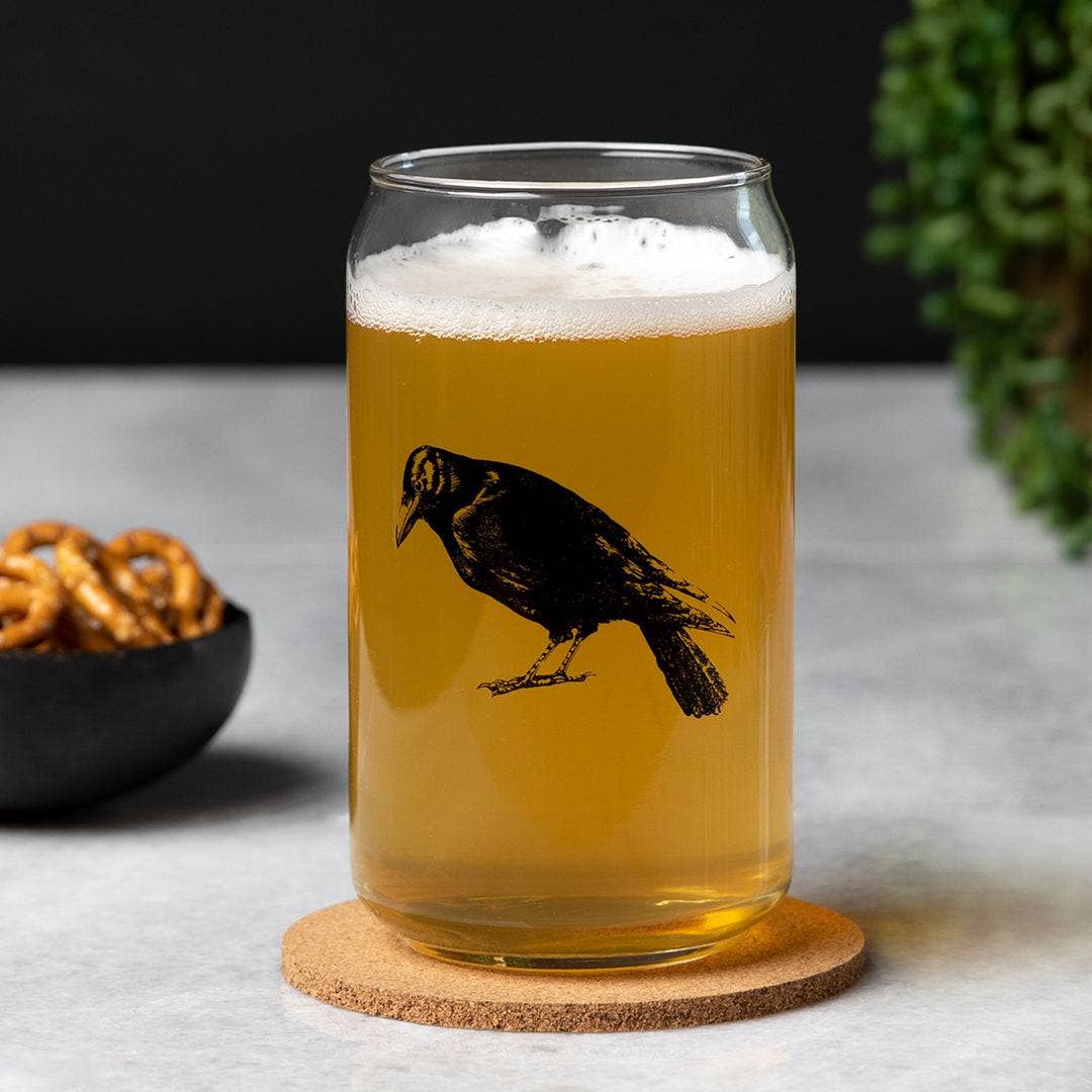 Crow Beer Can Glass - 16oz, Dishwasher Safe and Hand-Drawn featuring a spooky crow design perfect for your Halloween sip-tacular.