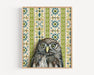Framed art print of an owl on a patterned background