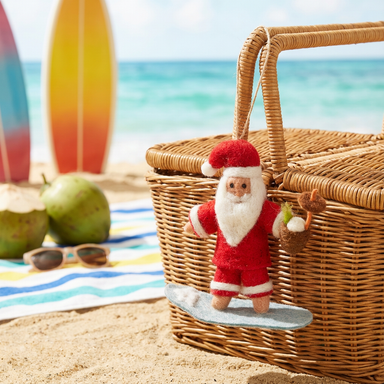 Close-up image of Handmade Felt Surfing Santa Christmas Hanging Decoration showcasing sustainable wool craftsmanship.