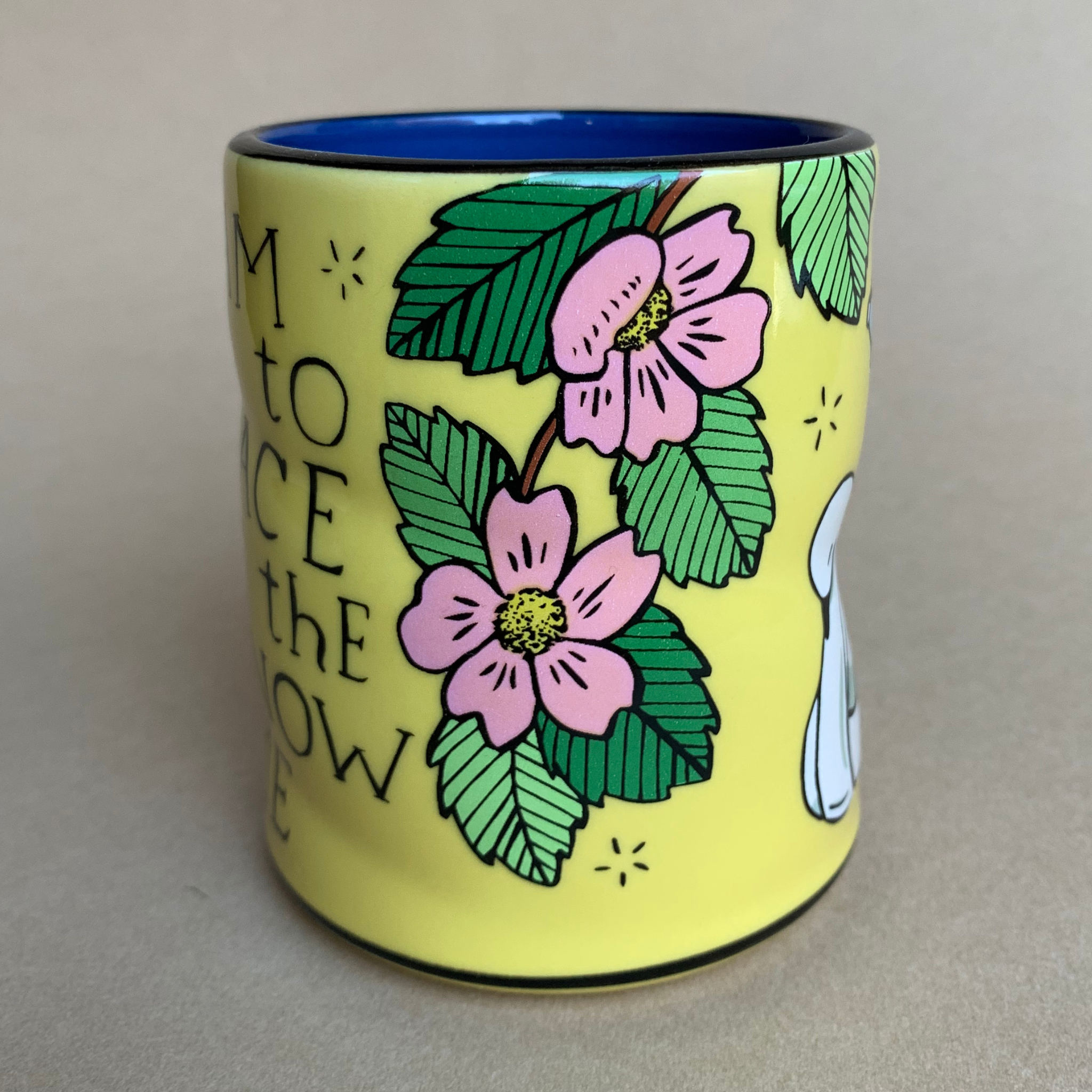 pink flowers yellow ceramic mug
