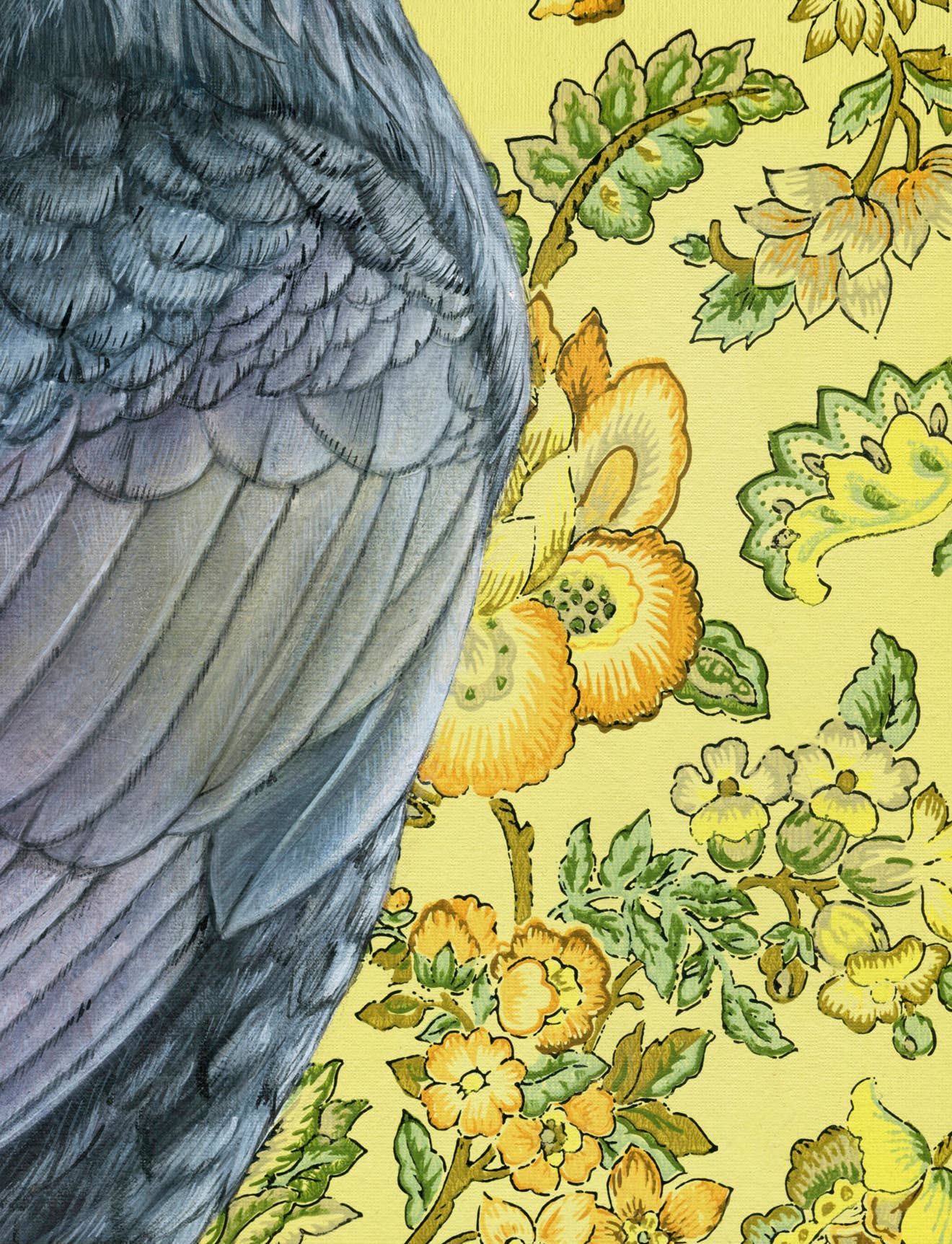 Framed art print of a raven on a floral background