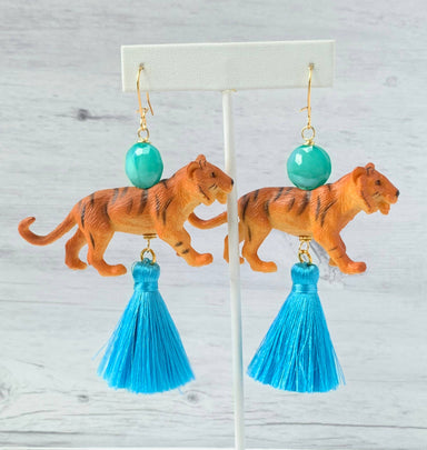 Tiger drop earrings with blue tassel