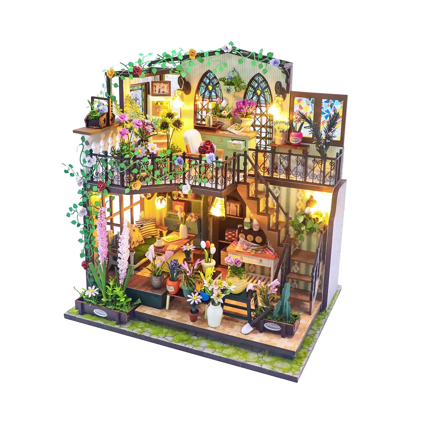 DIY Miniature Dollhouse Kit - Gardens & Greenhouses by Hands Craft, depicting a cozy indoor garden setting with vibrant decor, furniture, and intricate lighting, perfect for display.