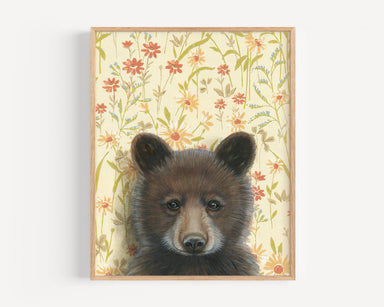 Original signed and framed art print featuring a bear cub portrait over a soft yellow floral background.