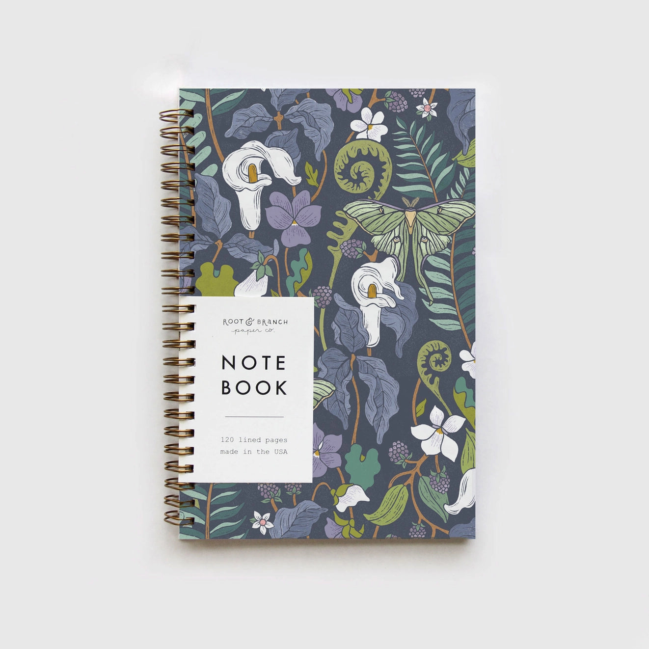 Root & Branch Spiral Bound Notebooks featuring recycled covers and gold coil binding, perfect for sustainable note-taking.