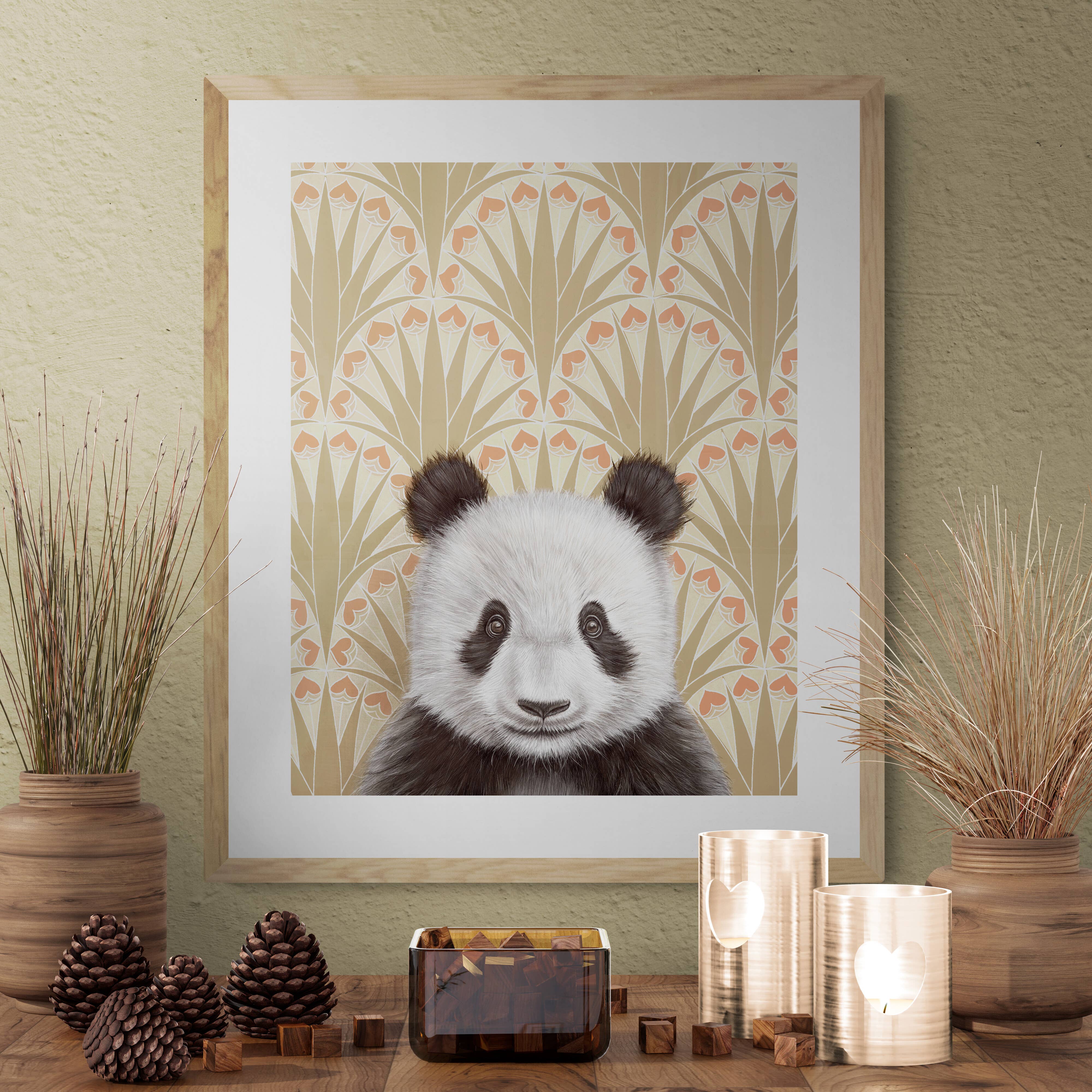 Framed art print of a panda on a patterned background.