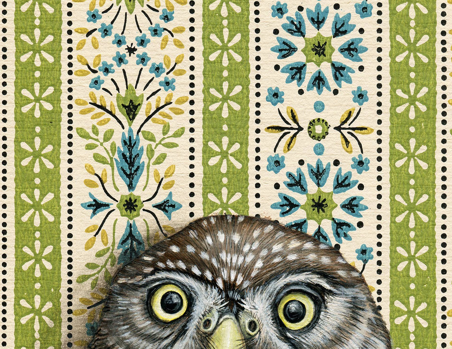Framed art print of an owl on a patterned background