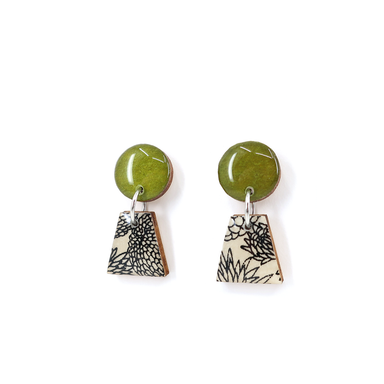 Elegant black and cream floral small drop earrings made with Japanese Chiyogami and Washi, featuring a moss green design, perfect for sensitive ears.
