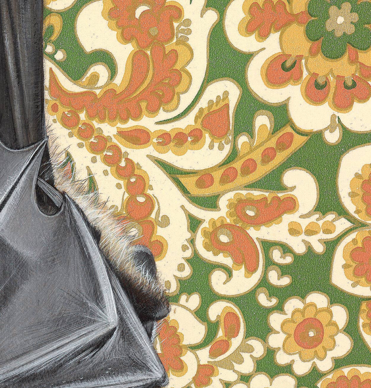 Framed art print of a bat hanging upside down against retro floral pattern background