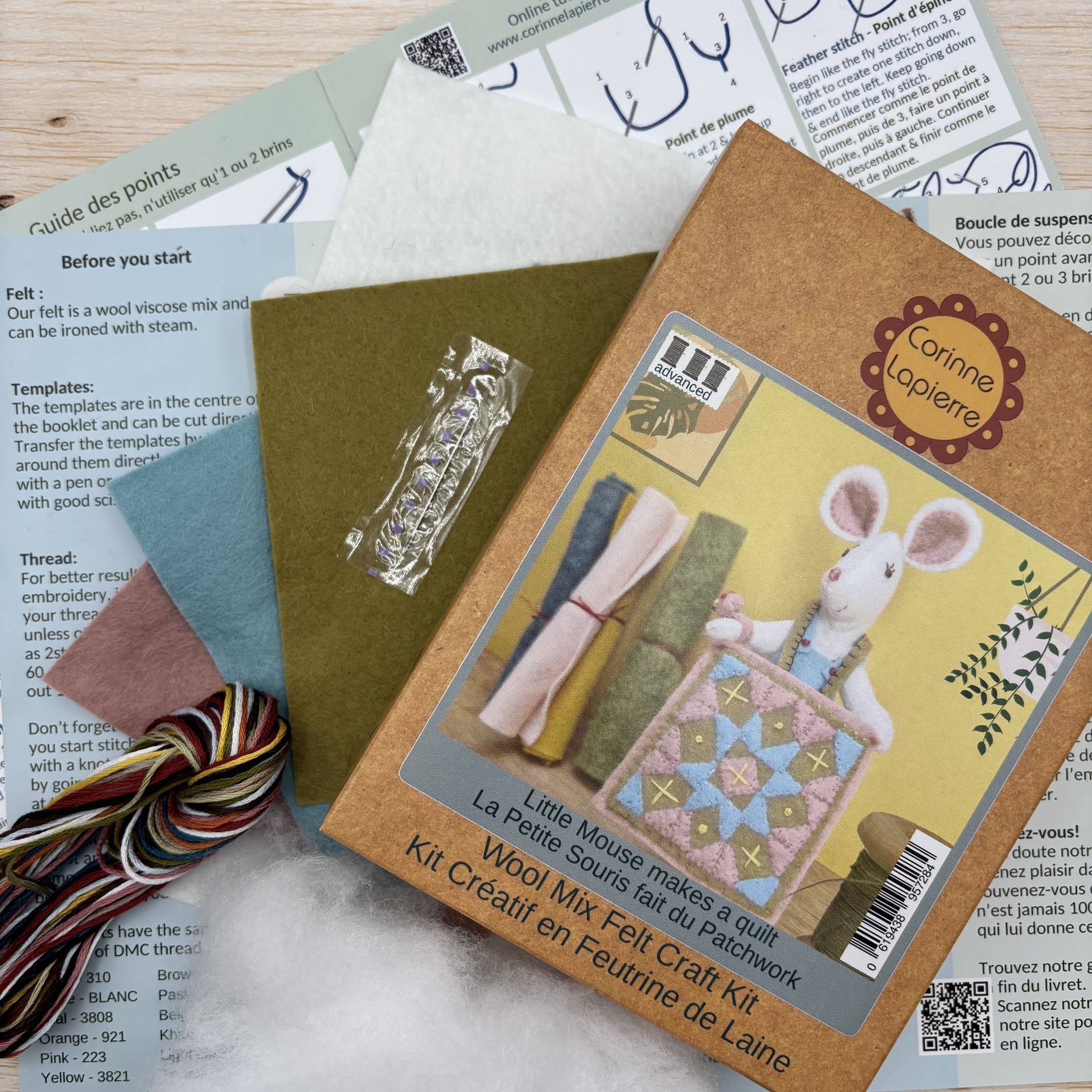 The charming contents of the Little Mouse Makes a Quilt Felt Craft Mini Kit, ready to turn wool-mix felt into delightful decorations!