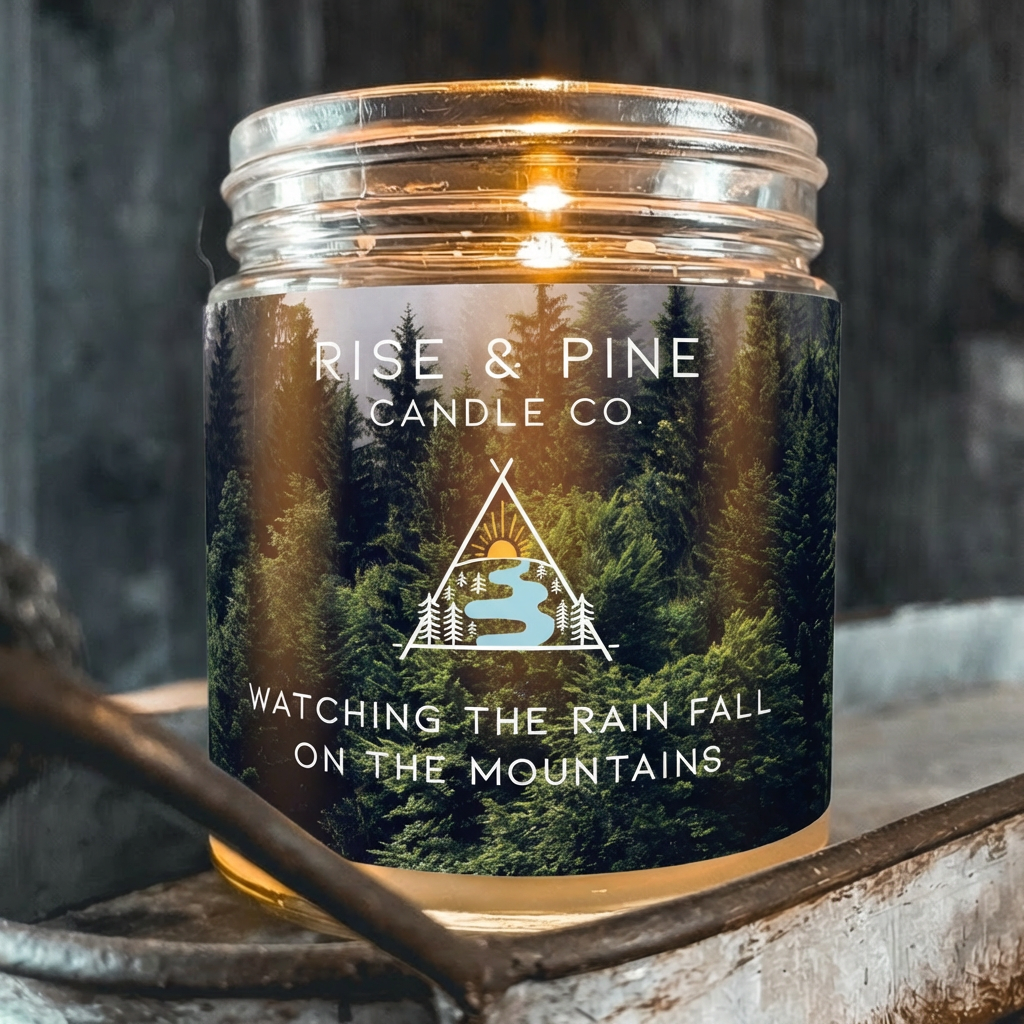 The delightful 9oz Petrichor Rain Soy Wax Candle by Rise and Pine Candle Co. showcasing a joyful dance of cotton wicks ready to bring you over 40 hours of misty joy!
