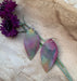Stylish Botanical Large Leaf Fire Painted Copper Earrings hanging elegantly, perfect for any occasion and a thoughtful gift.