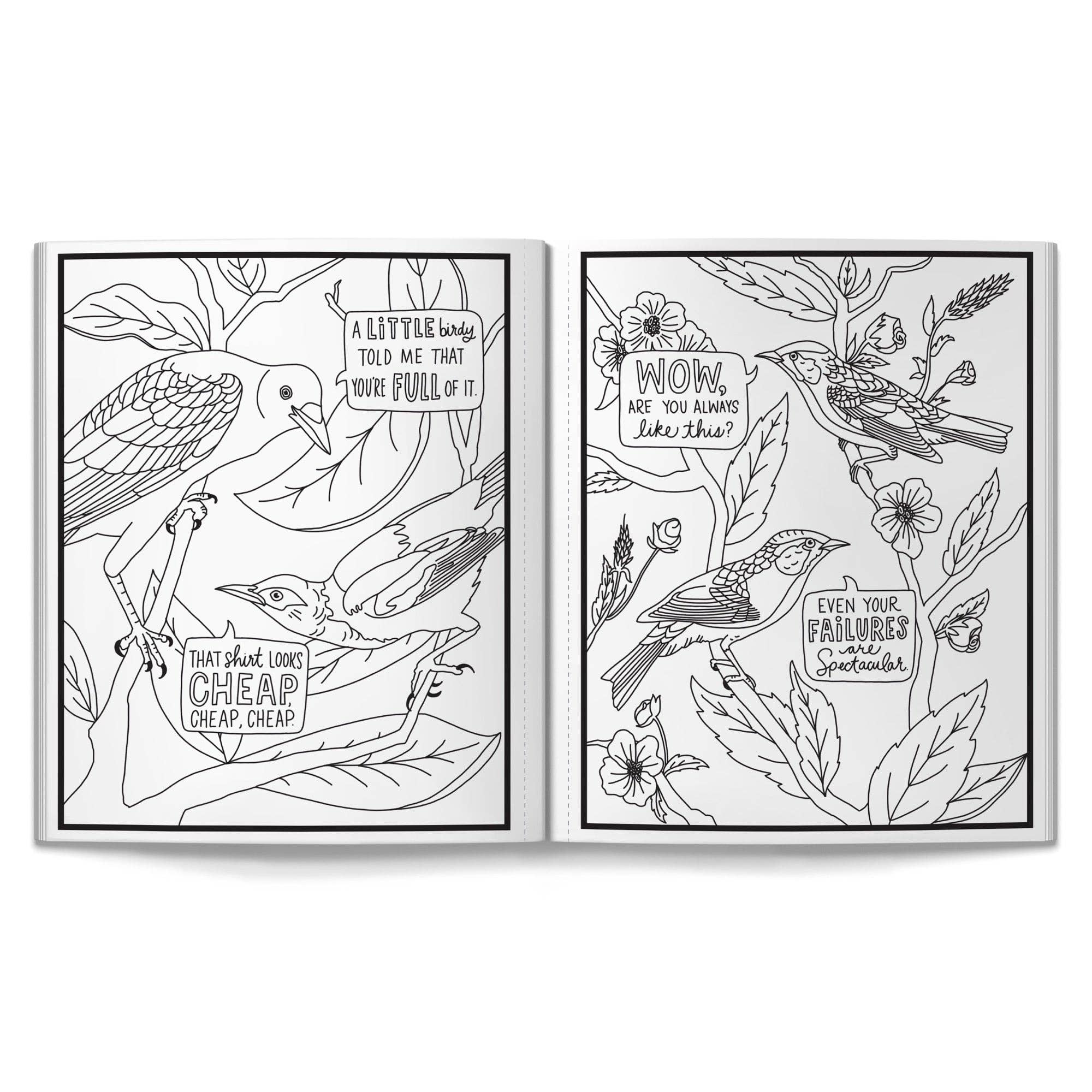 Black and white illustration from the Brass Monkey Salty Birds Coloring Book by Chronicle Books, featuring sarcastic birds with witty captions in a playful natural setting.