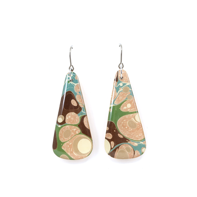 Close-up of moss green, brown, and pink beige marble modern long earrings, showcasing unique marbling patterns and lightweight design ideal for everyday wear.