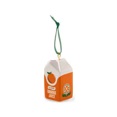 Ceramic orange juice carton ornament with a green string 