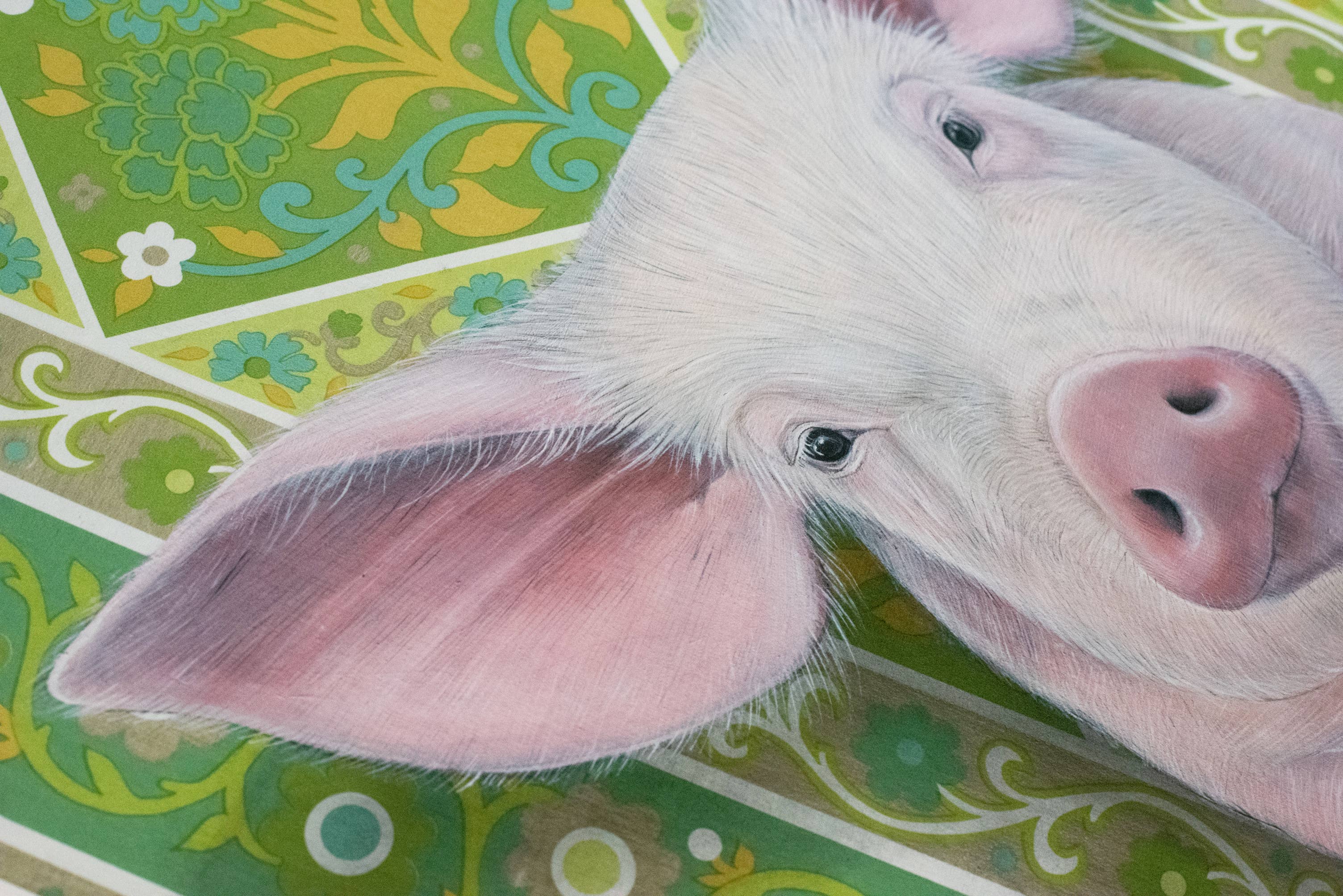 Pig fine art print by Emily Uchytil, capturing a playful piglet peering out from a decorative backdrop of ornate green and floral patterns.