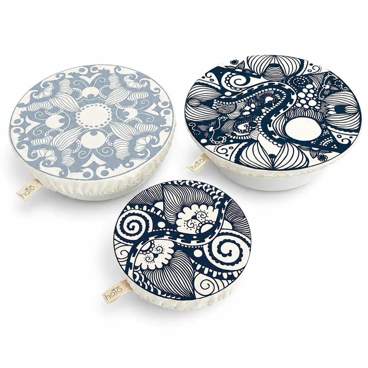 An adorable trio of Cotton Dish Covers by Halo Dish Covers, perfect for those who want their dishes to look cute while being sustainable!
