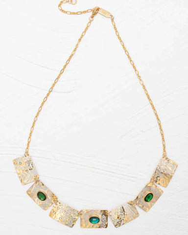 gold petra necklace with green crystals