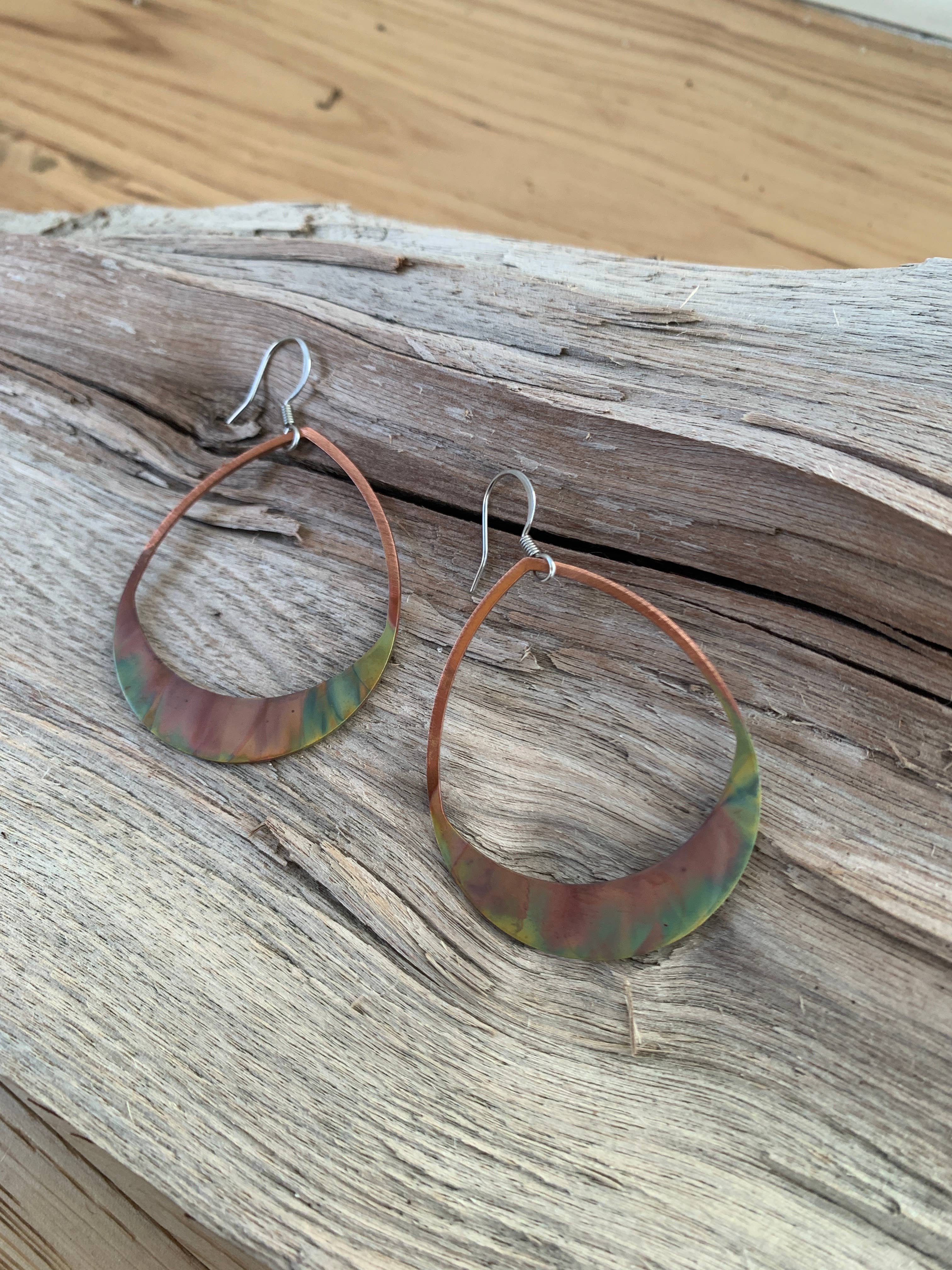 Rounded Teardrop Fire Painted Copper Earrings - Beautiful swirl of colors with brushed finish, lightweight, stainless steel ear wires.
