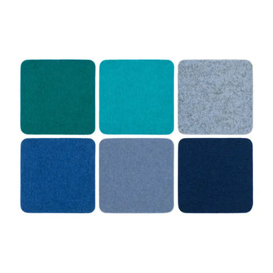 Elegant set of 6 felt coasters from Graf & Lantz in various shades of green and blue, crafted from heavy duty 5mm thick wool felt, ideal for functional and stylish home use.