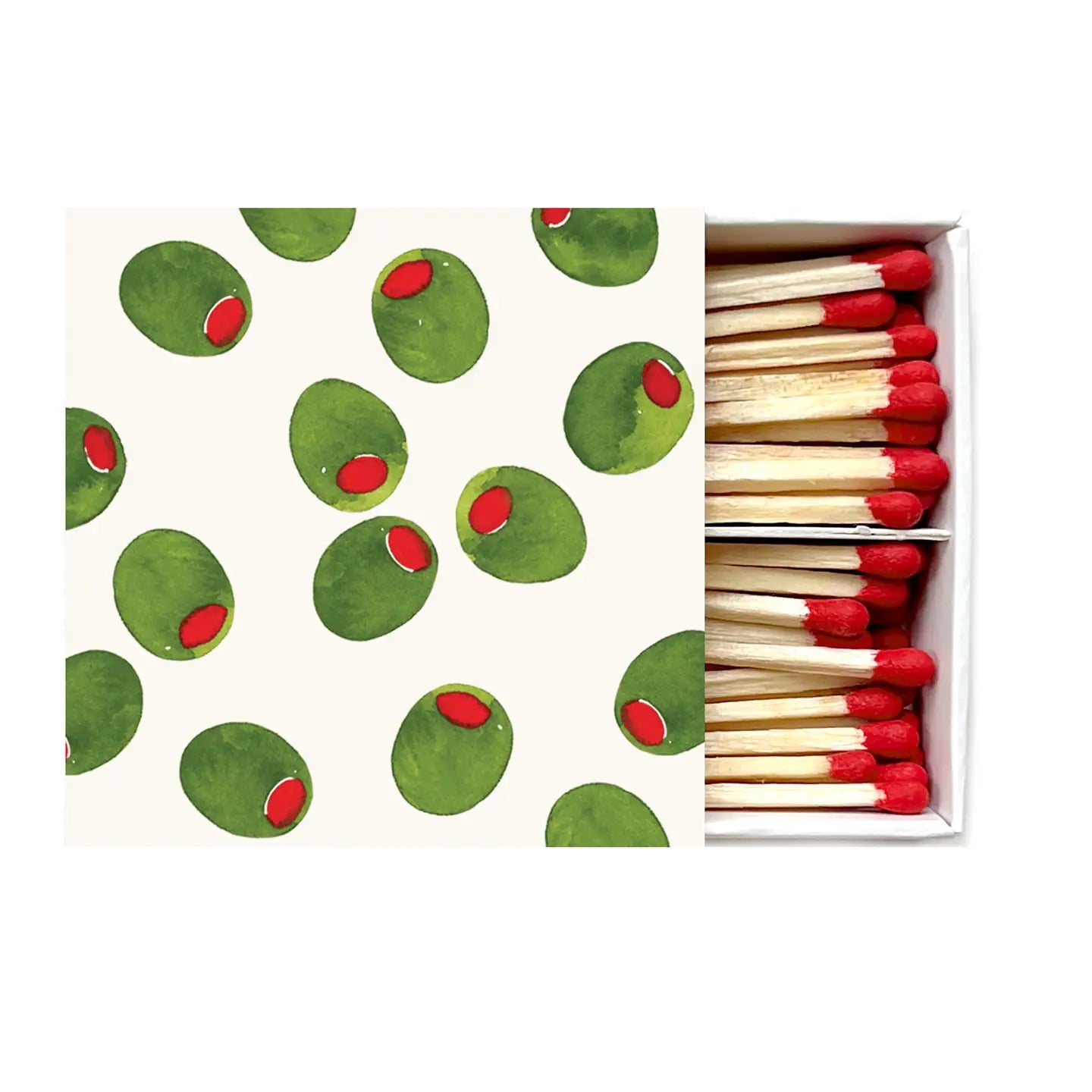 Celebration Candle Matches displaying a whimsical pattern of green olives with red pits, designed by Abigail Jayne Design. A great addition to your stationery collection.