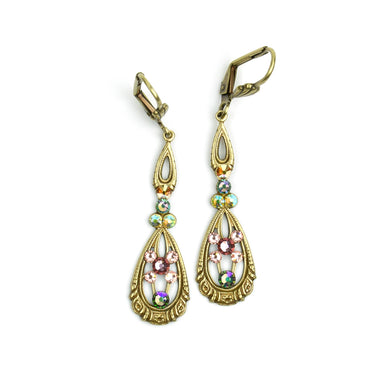 Gold teardrop earrings with colorful gemstones 