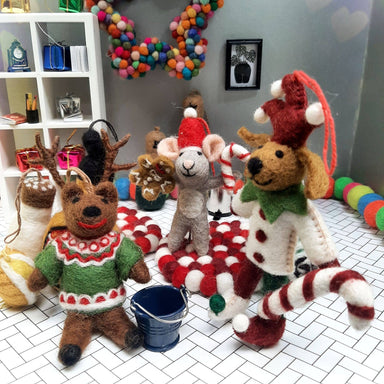 Felted animal christmas ornaments wearing Christmas outfits