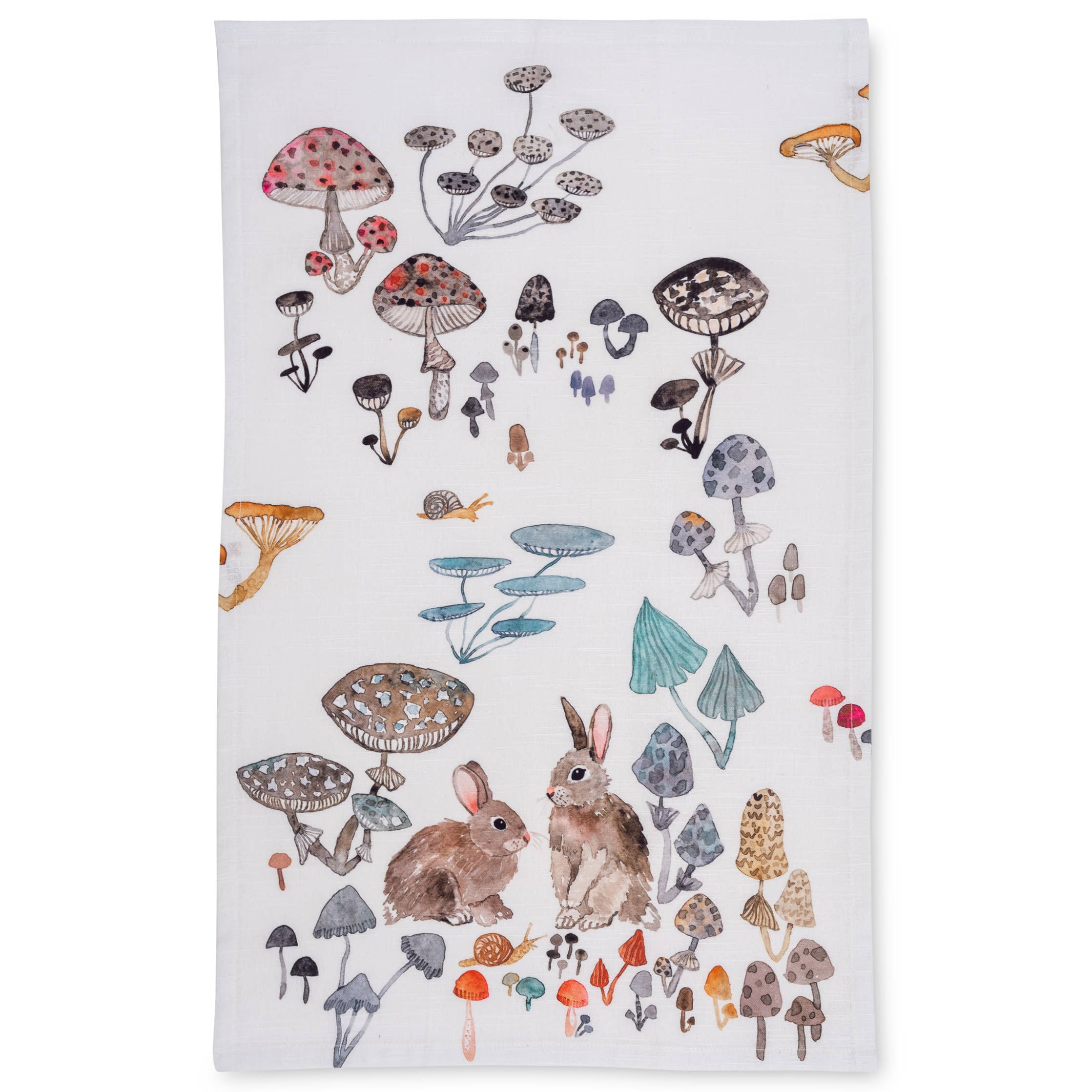rabbit and mushroom watercolor tea towel