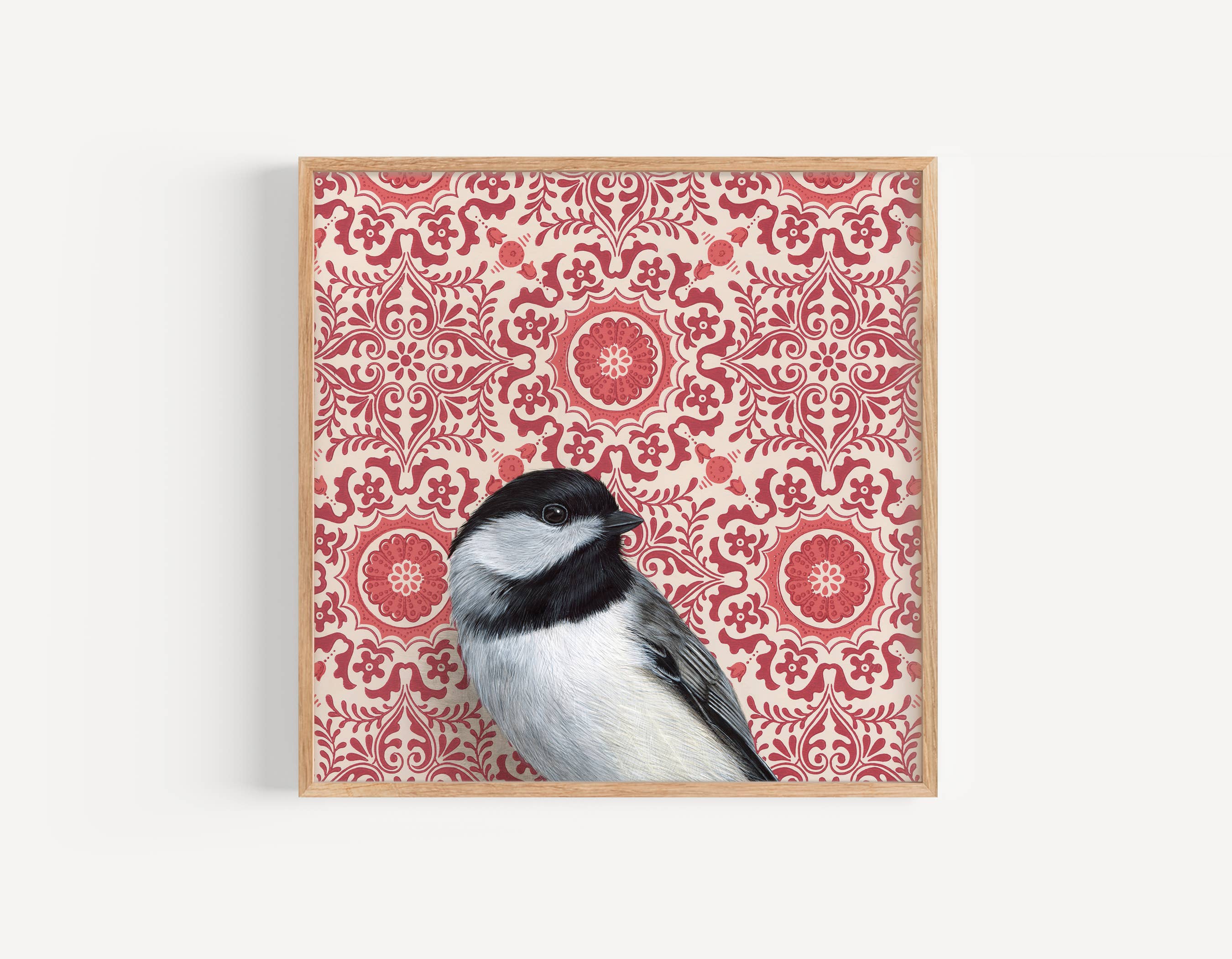 Chickadee fine art print by Emily Uchytil, depicting a detailed bird illustration against a vintage floral wallpaper background.