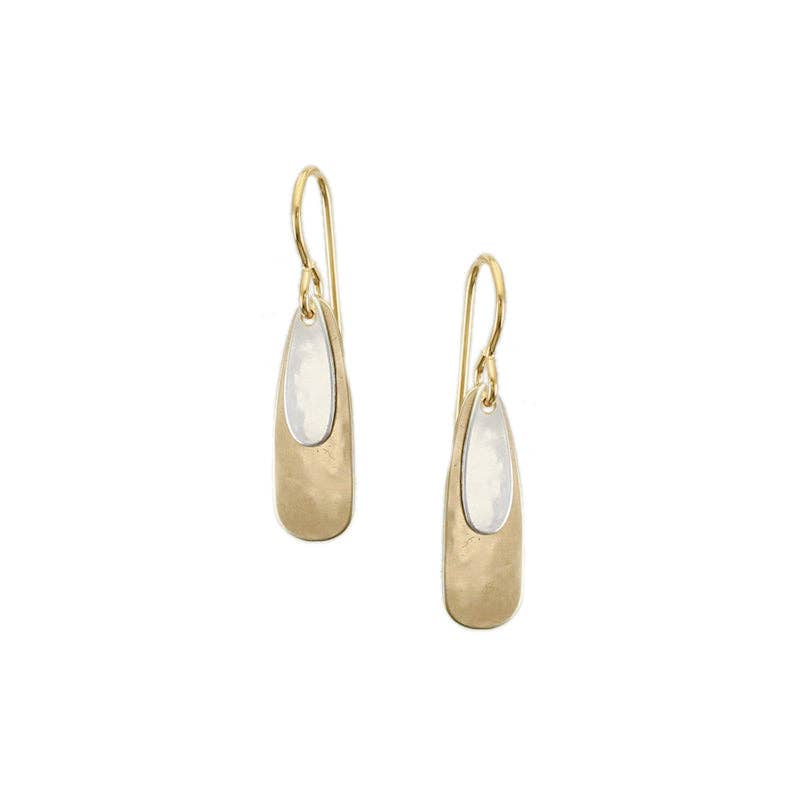 Small Long Ovals Wire Earrings by Marjorie Baer featuring brass teardrop and layered silver oval design, measuring 0.25 inches wide by 0.8 inches tall, perfect for versatile daily wear.