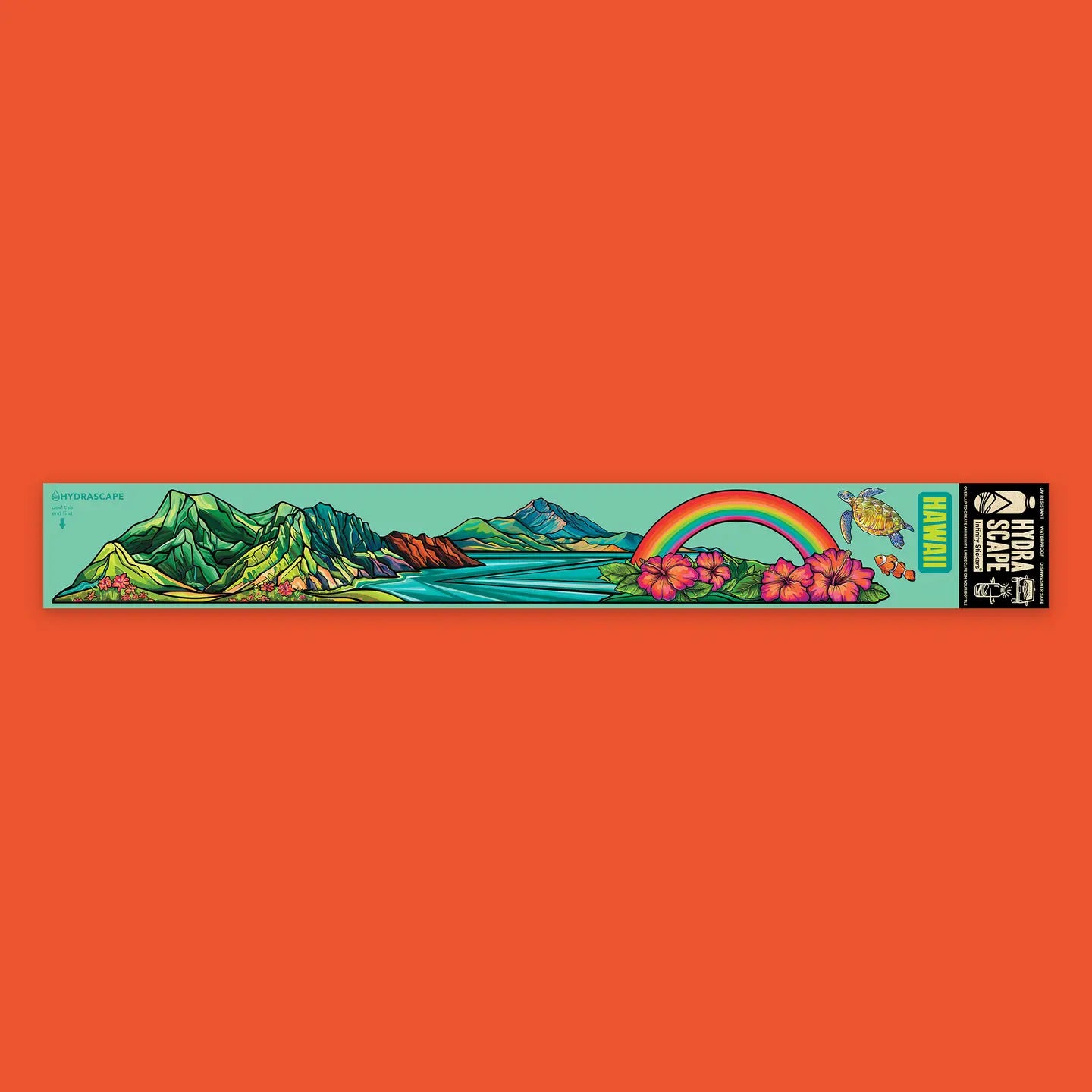 The Hydrascape Sticker Collection showcasing a colorful beach landscape with mountains and tropical flowers. Size: 3.5" x 26" by Hydrascape Stickers.