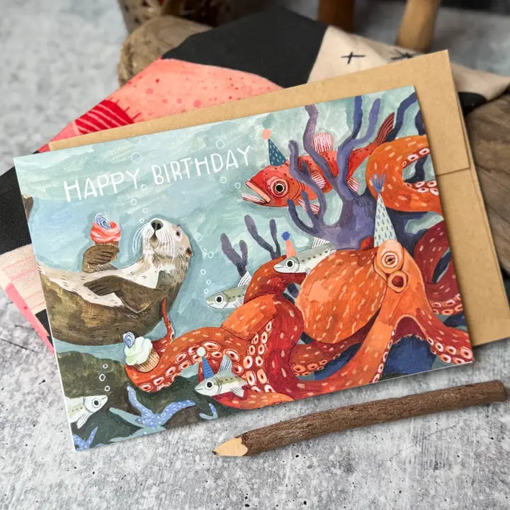 Happy Birthday sea animals blank greeting card