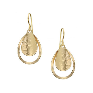 Close-up of Curved Teardrop and Teardrop Rings Wire Earrings, made from brass and silver, featuring a unique hammered texture.