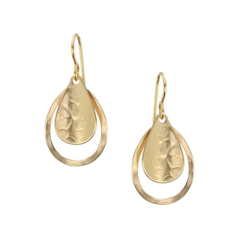 Close-up of Curved Teardrop and Teardrop Rings Wire Earrings, made from brass and silver, featuring a unique hammered texture.