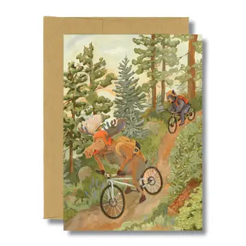 Moose and bear riding bikes down a hill blank greeting card