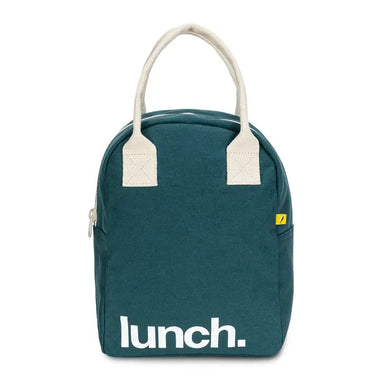 Zipper Lunch Bag by Fluf in teal color with white 'lunch.' text, perfect for carrying meals.