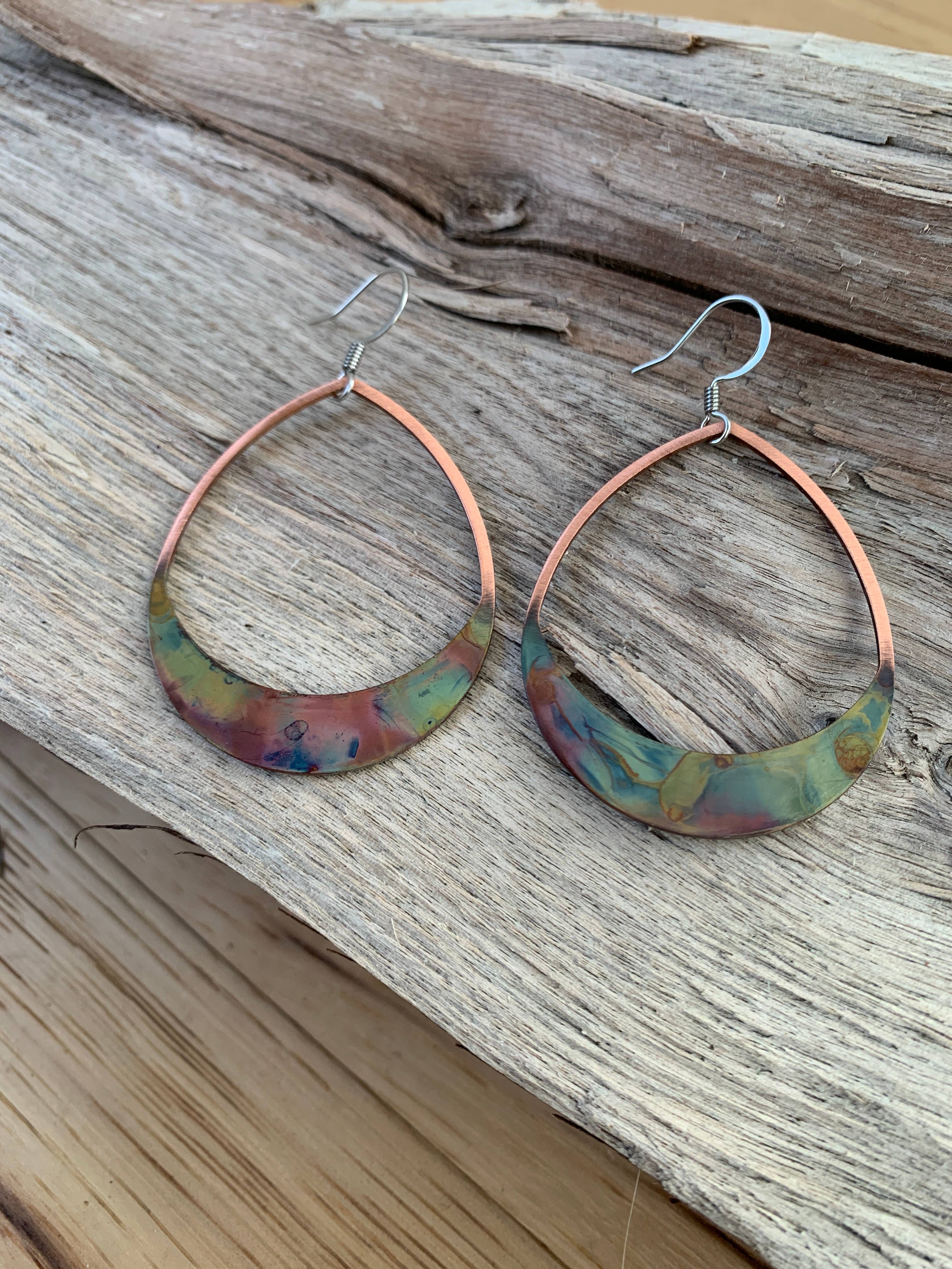 Rounded Teardrop Fire Painted Copper Earrings - Unique one-of-a-kind design, showcasing vibrant colors and airy style, perfect for any outfit.