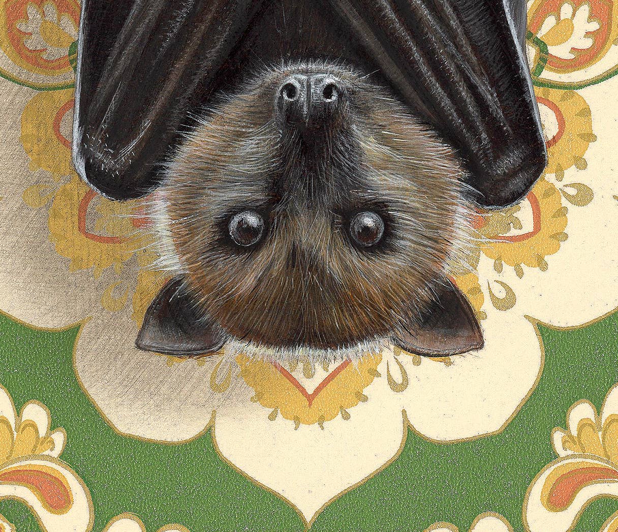 Framed art print of a bat hanging upside down against retro floral pattern background
