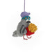 Felted Pigeon ornament with a purple hat, blue glasses and french fries