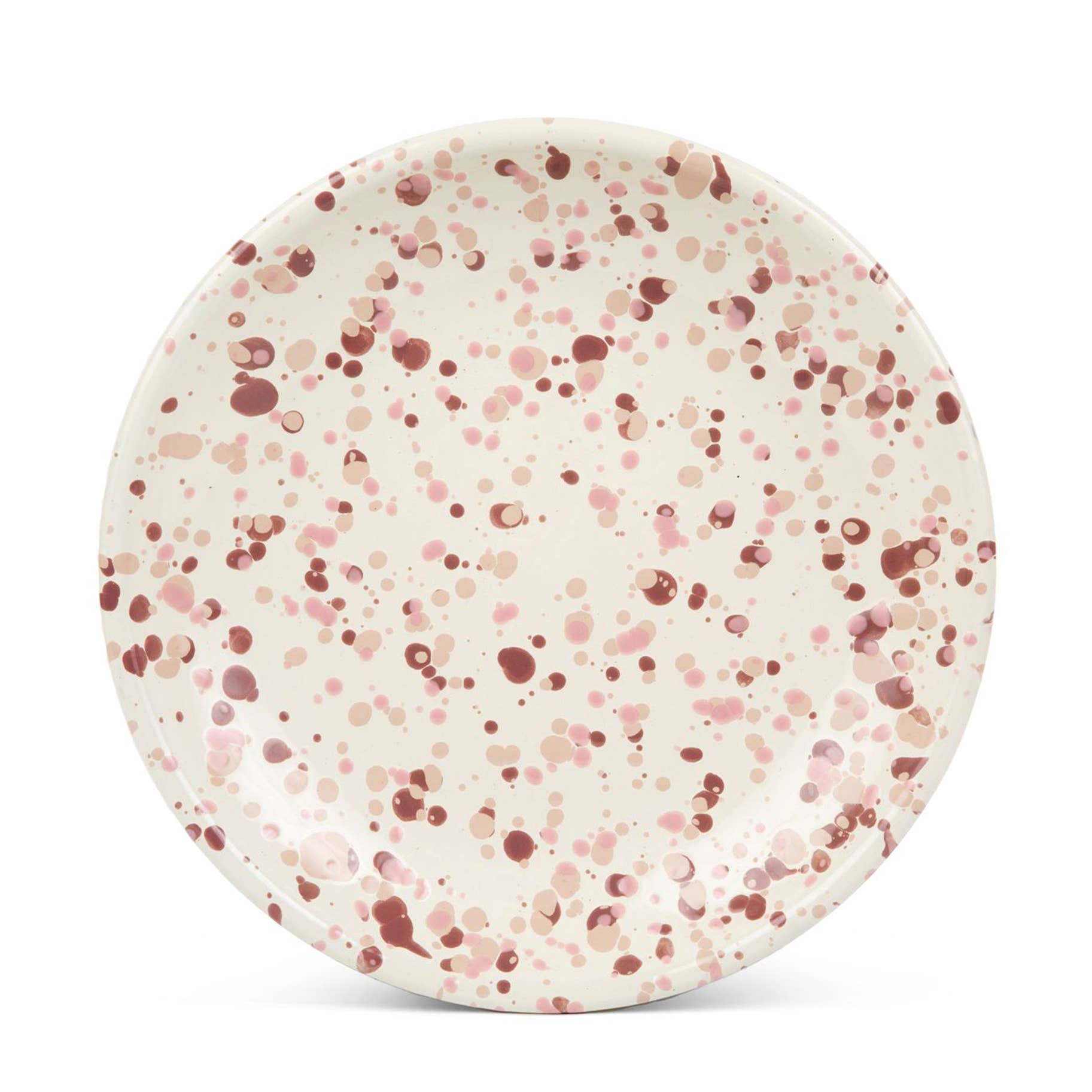 Crow Canyon Home Catalina Enamelware Coupe Dinner Plate featuring a soft speckled pattern in shades of pink and beige on a light cream background.
