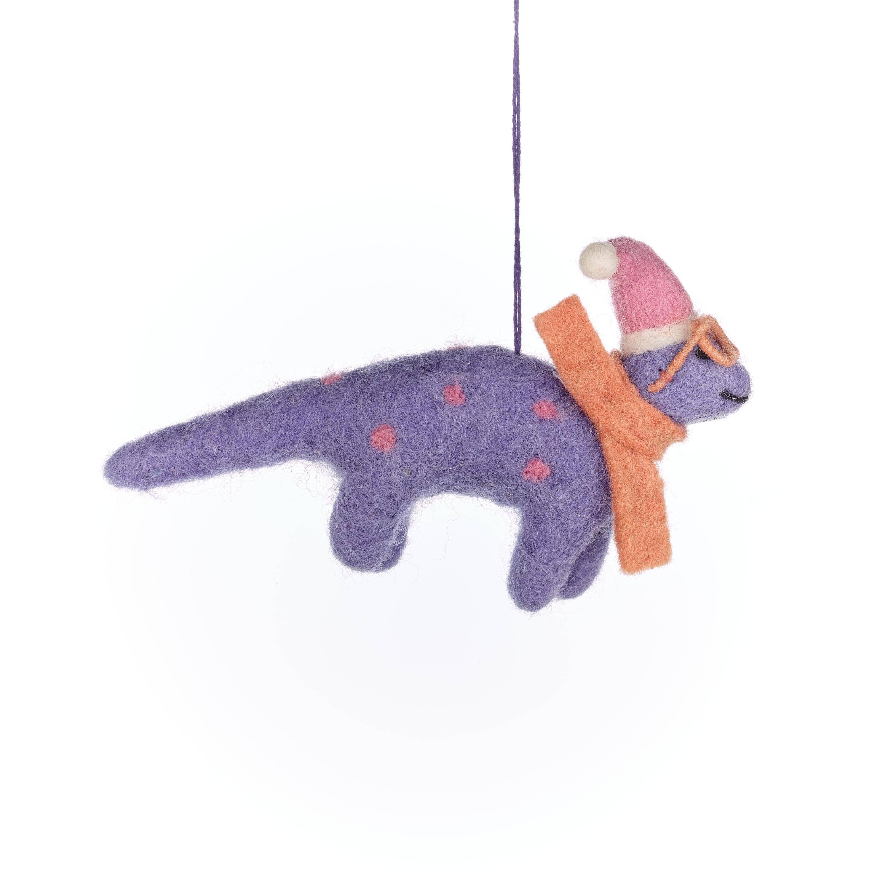 Felt Purple dinosaur ornament with glasses, a pink hat and orange scarf
