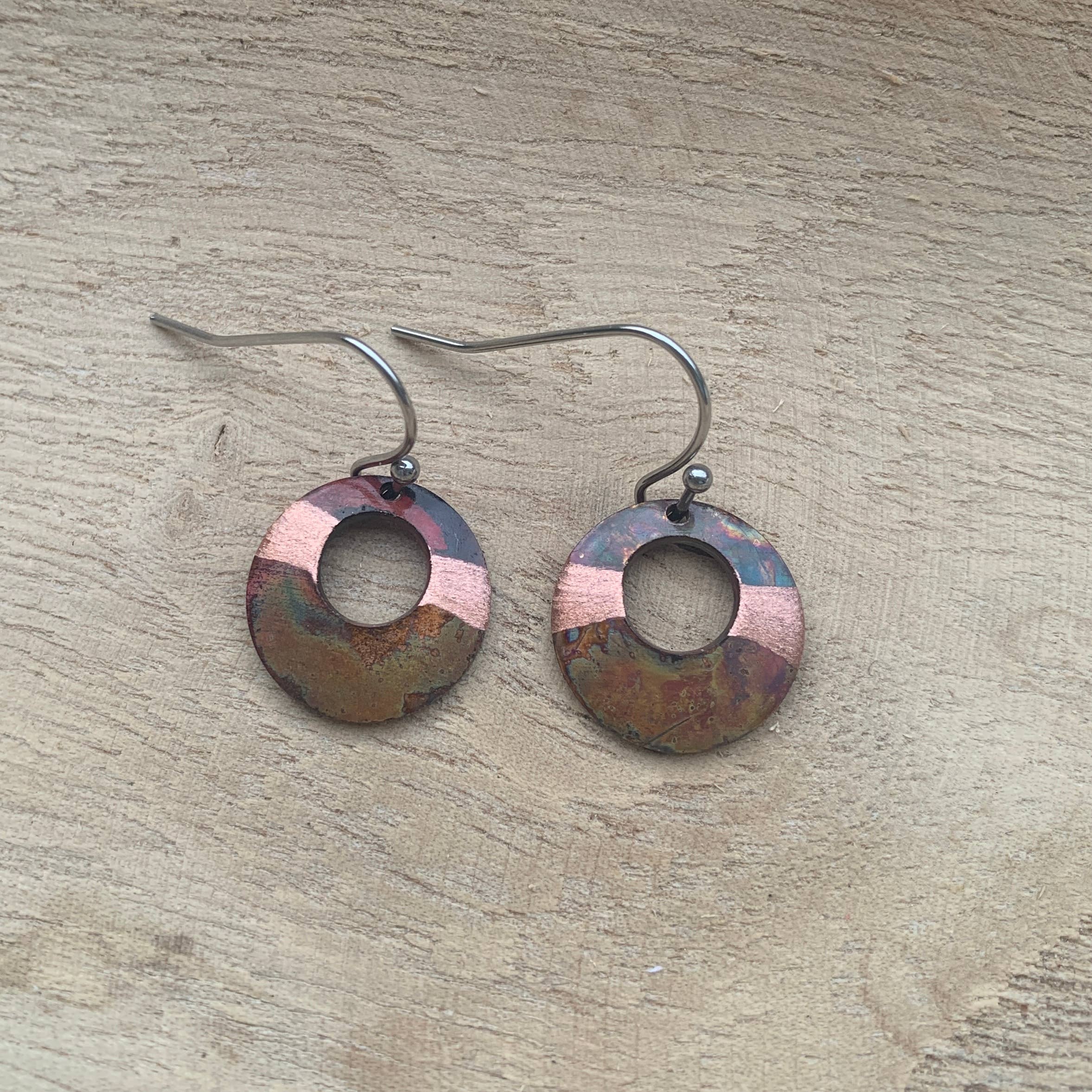 Small circle fire painted copper earrings