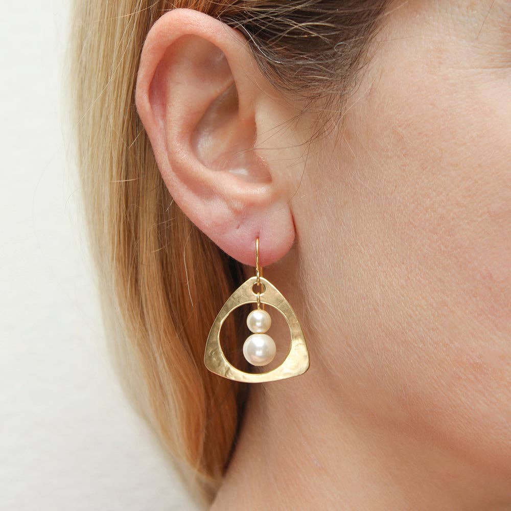Large Open Triangle with Pearls Wire Earrings by Marjorie Baer, handcrafted jewelry made in California