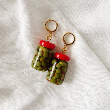 Brine Time Dangles - Quirky olive jar earrings that add a salty touch to your style.