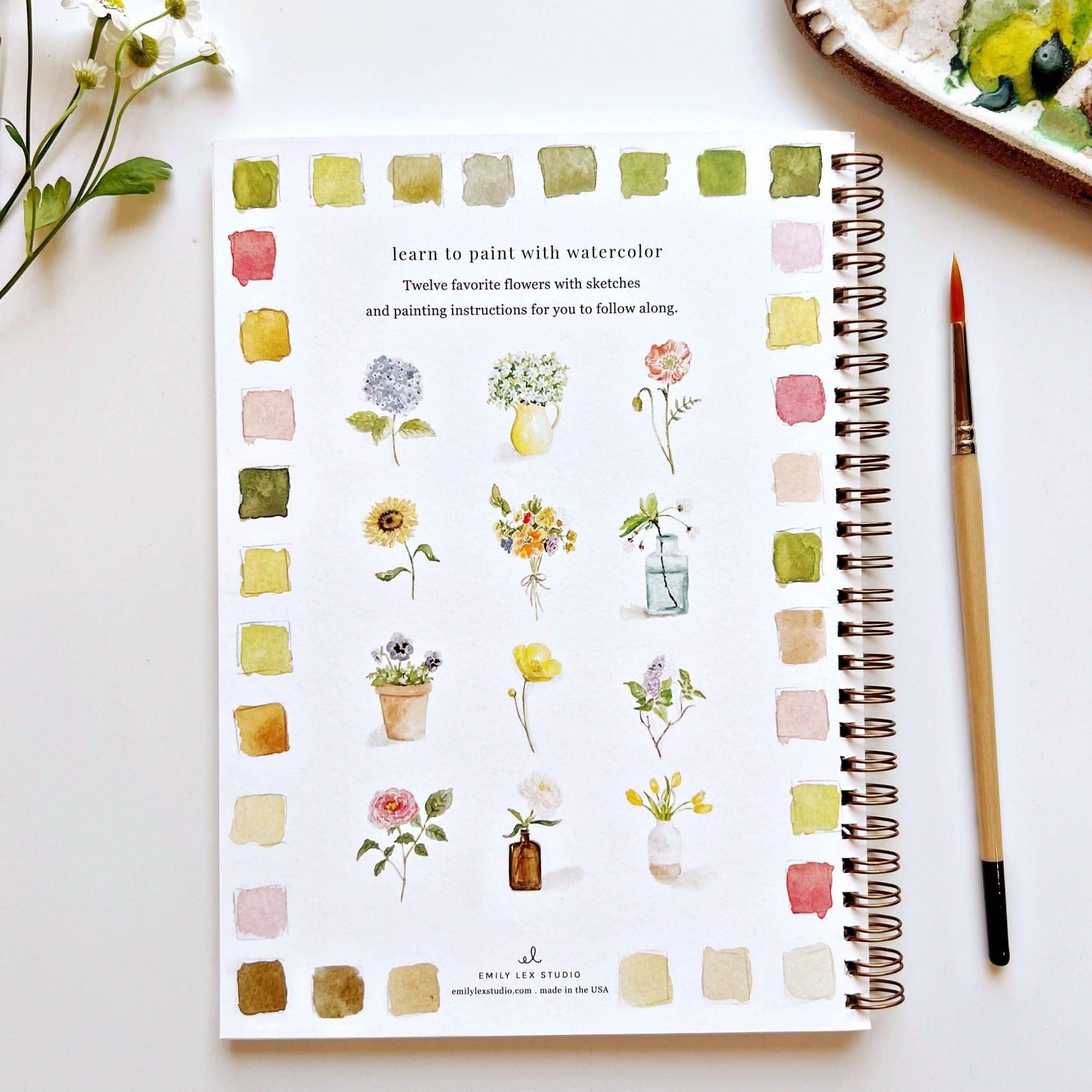 Colorful pages from the Flowers watercolor workbook designed for both kids and adults to enjoy painting.