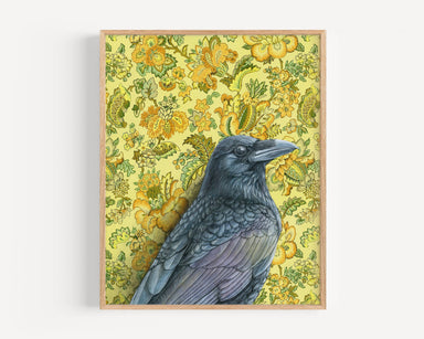 Framed art print of a raven on a floral background