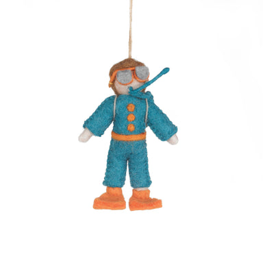 Felt Diver ornament wearing a blue suit with orange boots and gray goggles