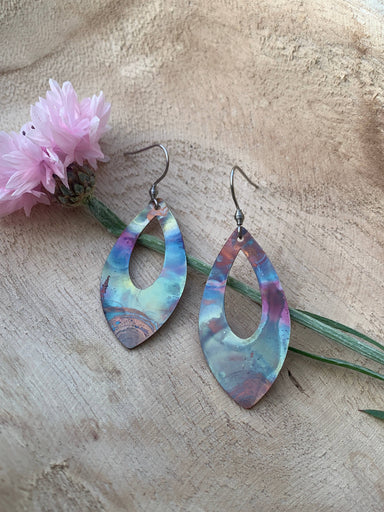 Pointed Teardrop Fire Painted Copper Earrings showcasing vibrant colors and unique shape, perfect for adding a stylish finish to any outfit.